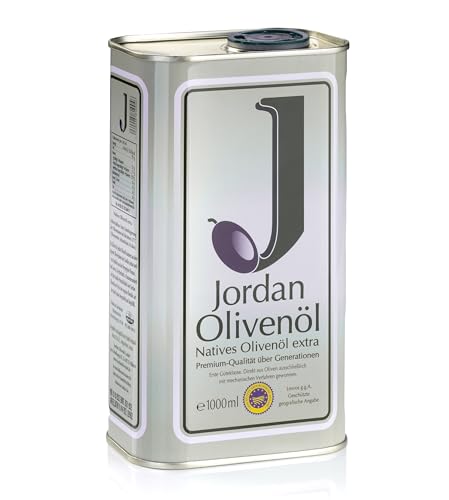 Jordan Olivenöl - Natives Extra von der griechischen Insel Lesbos-traditionelle Handernte -Kaltextraktion am Tag der Ernte -Kanister im traditionellen Retro-Design mit Ausgießer,1l (1er Pack